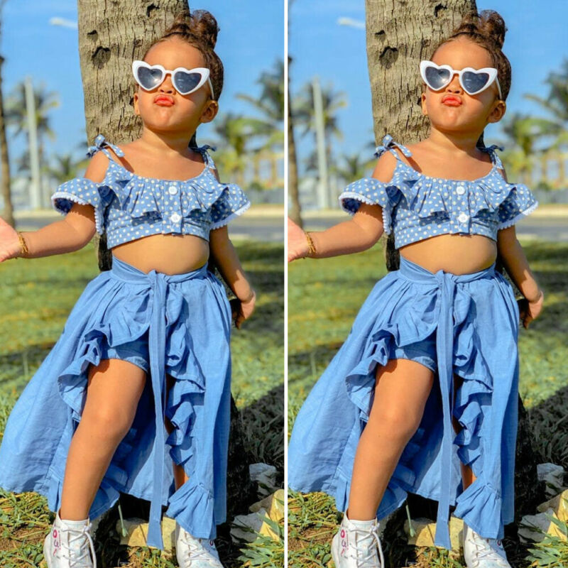 CANIS Summer 3Pcs Toddler Baby Kid Girl Summer Spaghetti Strap Polka Dots Tops+Ruffle Dress+Shorts Clothes