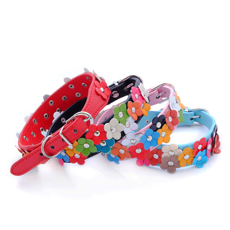 Colorful Flower Decoration Dog Collar PU Leather Neck Strap For Pets Necklace Accessories Pet Collar Leash New Collar For Dogs