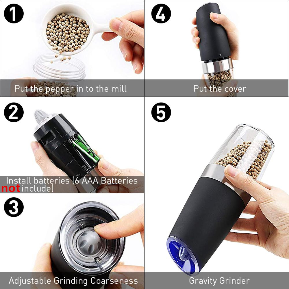 Electric Automatic Mill Pepper and Salt Grinder LED Light Peper Spice Grain Mills Porcelain Grinding Core Mill for Kitchen Tools