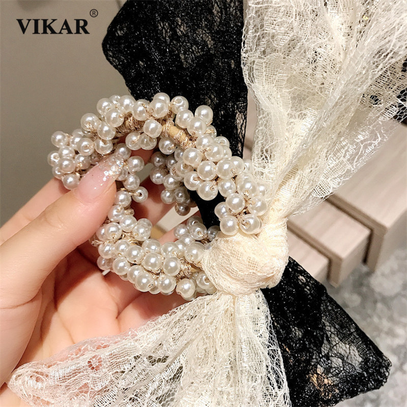 VIKAR Vintage Women Lace Bow Pearls Headwear Girls Hair Scrunchies Hair Ties Horsetail Ties Head Wrap Luxury Hair Accessories