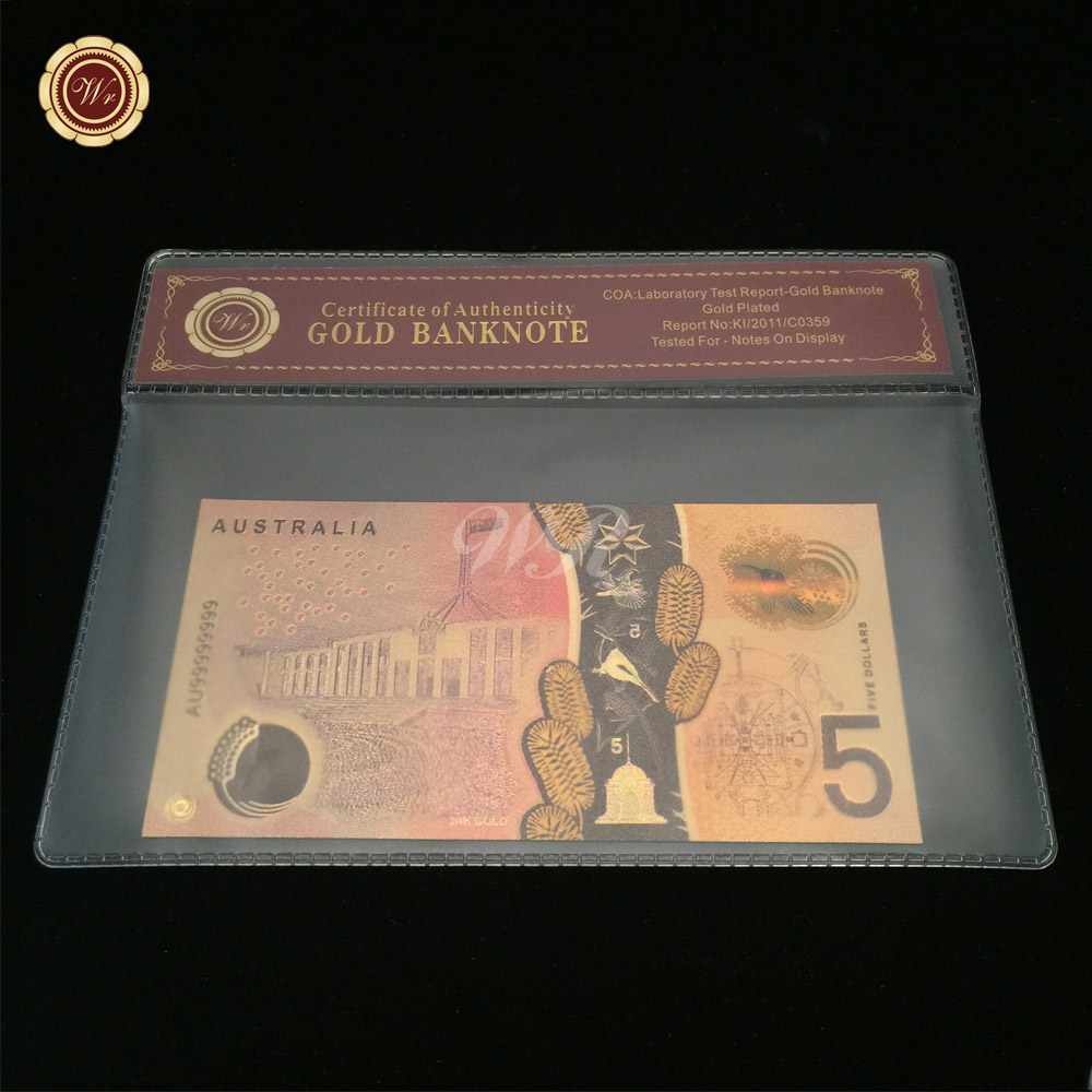 WR 2016 New AUD Gold Note Colorful Australia Metal Gold Foil Banknote Bill Replica Currency Bill Promotion Business Gift