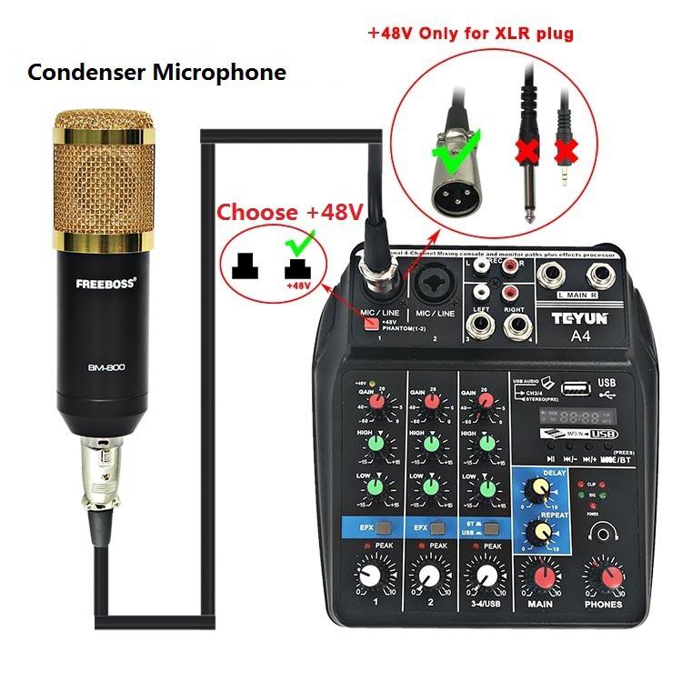 A4 Sound Mixing Console Bluetooth USB Record Computer Playback 48V Phantom Power Delay Repaeat Effect 4 Channels USB Audio Mixer