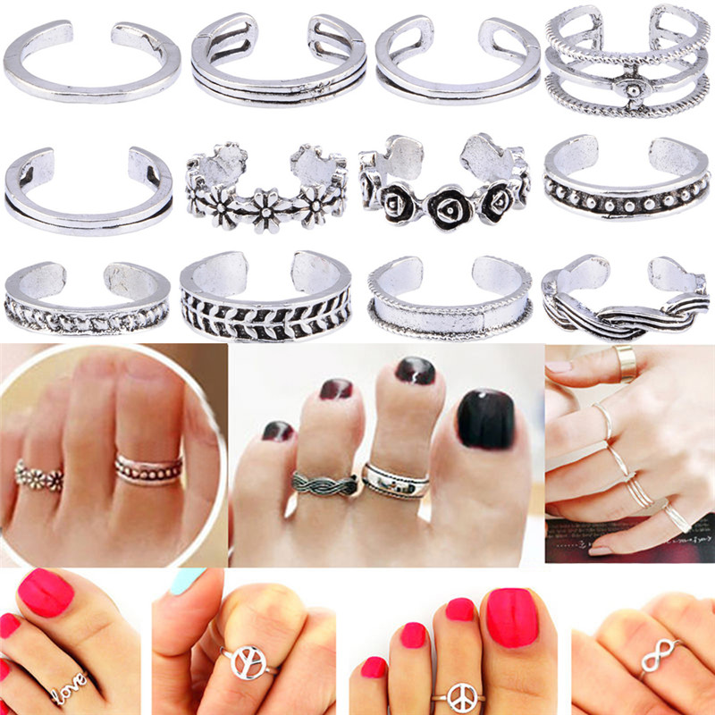 12pcs/set Alloy Retro Hollow Flower Adjustable Open Toe Rings Finger Beach Foot Jewelry Carved Fashion Toe Ring 12 Styles