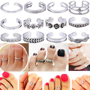 12pcs/set Alloy Retro Hollow Flower Adjustable Open Toe Rings Finger Beach Foot Jewelry Carved Fashion Toe Ring 12 Styles