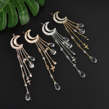 Trendy Elegant Women Lady Moon Rhinestone Crystal Tassel Long Chain Beads Dangle Hairpin Hair Clip Hair Jewelry