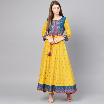 Pakistani Dress Woman Pure Cotton Printing Thin Yellow Color Saree Indian Clothing Ladies Kurta Caftan