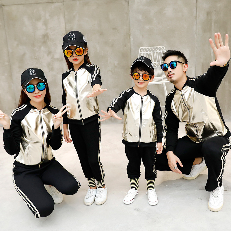 Family matching outfits PU jacket + pants sporty style silver golden PU couples matching clothing family look christmas family