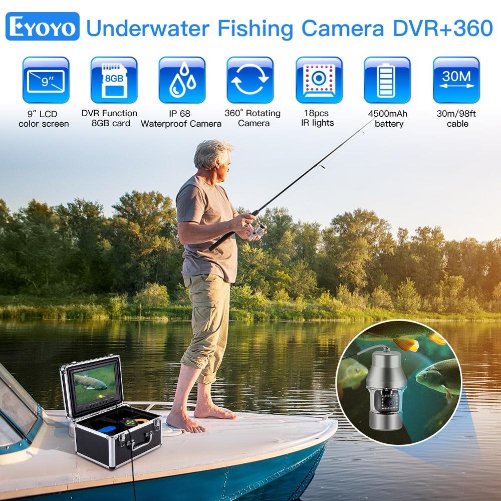 Eyoyo EF360 Underwater Fishing Camera Video Fish Finder 8GB DVR 9" 1000TVL 360° Horizontal Panning Camera 18 Infrared IR Lights
