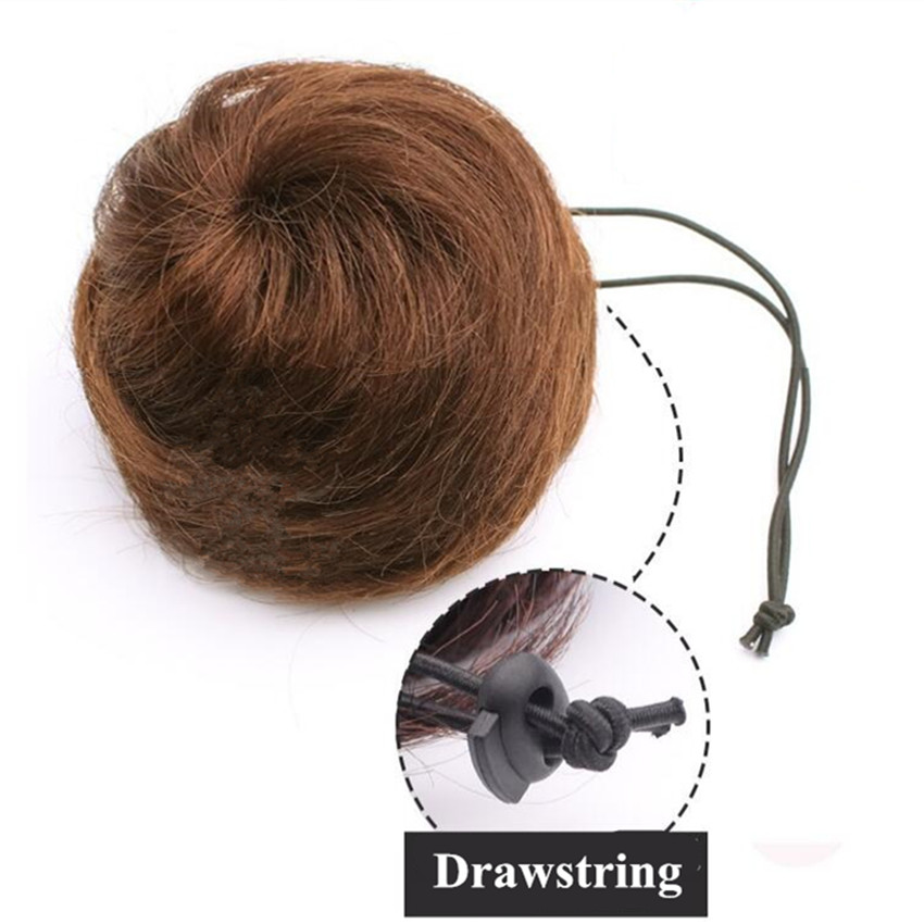 100% Human Hair Bun Extensions Drawstring Chignons Hair Piece Wig Wavy Curly Messy Hairpiece Non-remy Brazilian Brown Color