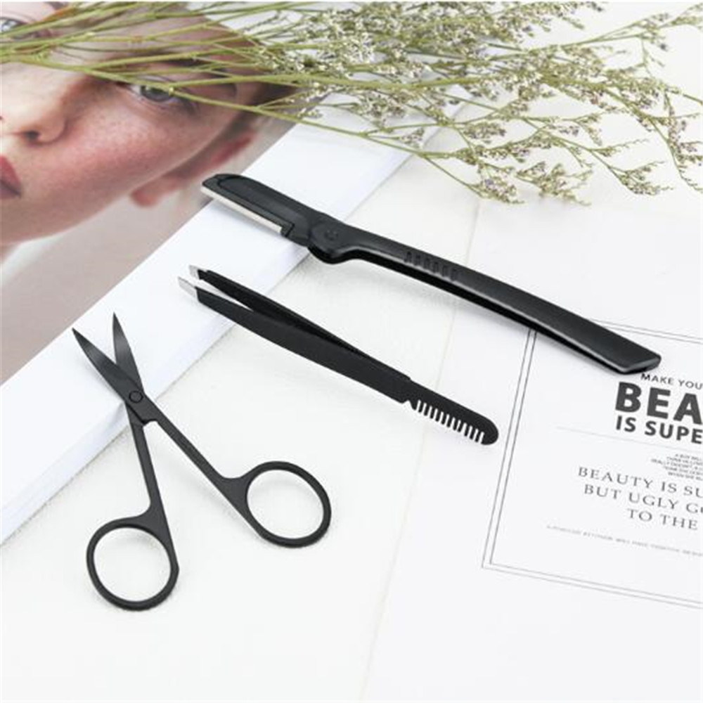 3pcs/set Portable Eyebrow Trimmer Kit Eyebrow Razor Set Eyebrow Tweezers Comb Eye Brow Shaper Scissors Women Face Razor Makeup