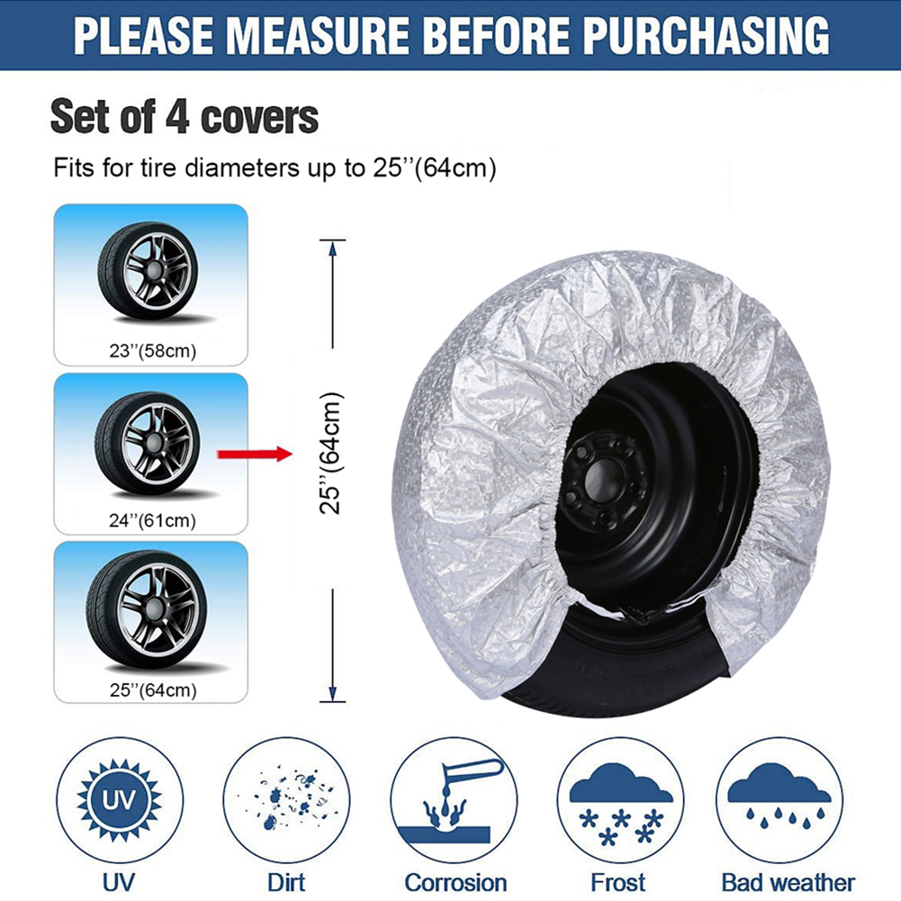 4pcs Car Tire Covers Aluminum Film Waterproof UV Protection Tyre Cover Sun Protector for RV Trailer Auto Vehicle Wheel Accessory