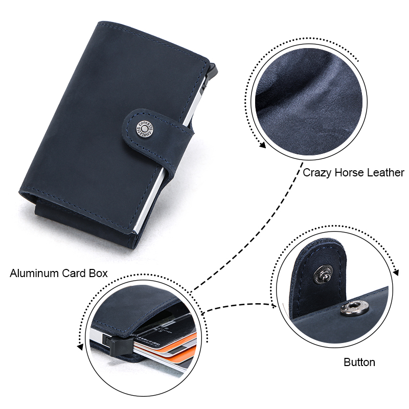 Contact's Credit Card Holder Business ID Card Case Crazy Horse Leather Card Wallet Automatic Card Holder Rfid Blocking Aluminum