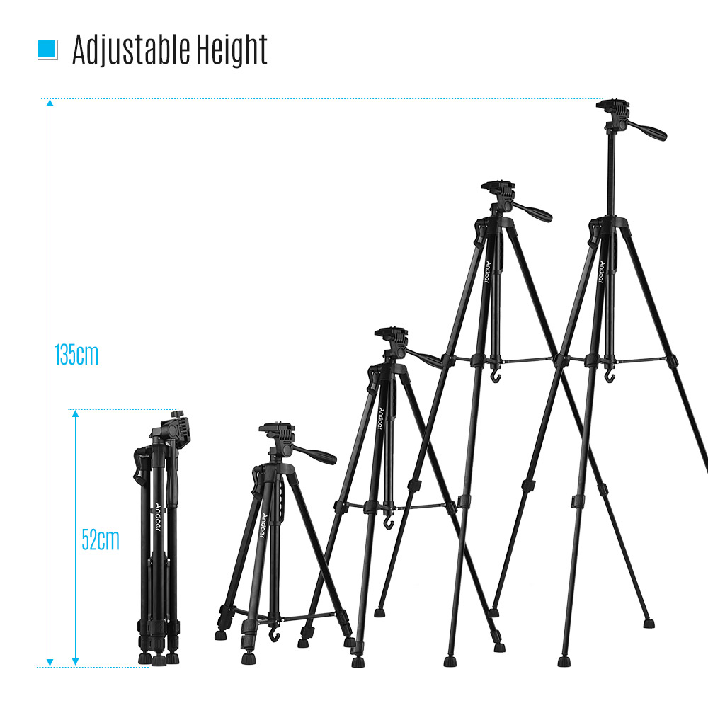 Andoer Aluminum Alloy + ABS Tripod Stand Height 135cm/53in with Carry Bag Phone Holder for Canon Sony Nikon DSLR Camera Stand