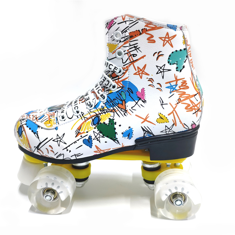 Graffiti Microfiber Roller Skates Double Line Skates Women Men Adult Two Line Skating Shoes with White PU 4 Wheels Training