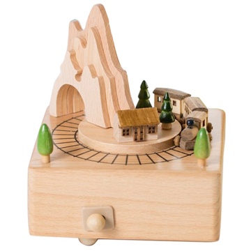 Wooden Musical Box Featuring Mountain Tunnel With Small Moving netic Train | Plays