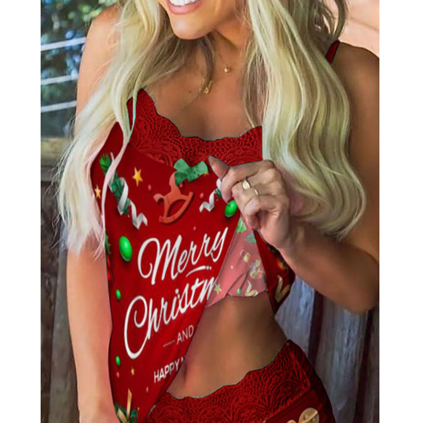 Women Christmas Printed lenceria Pajamas Sleeveless Lace Cami Shorts lingerie set sexy Sleepwear Set american clothing