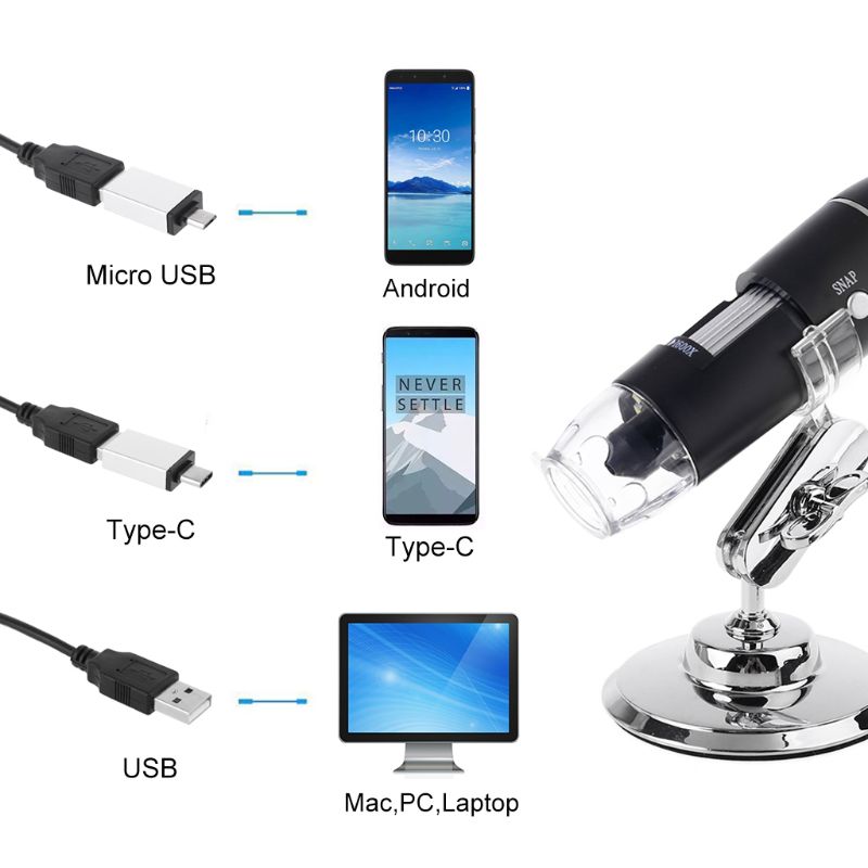 3-in-1 Digital Microscope 1600X Portable 2Adapters Support OSX Windows PC Type-C Micro-USB Phone USB Magnifier with 8LED