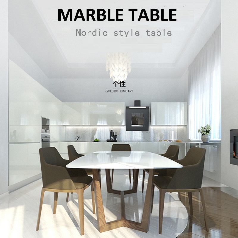 Nordic modern minimalist solid wood marble rectangular dining table and chair combination small apartment household dining table