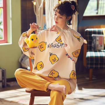 NONRS Cute Duck Women's 2 Pieces Pajamas Set Cotton Solid Color Pyjama Women Sleepwear Sets Spring Autumn Homewear Long-sleeved