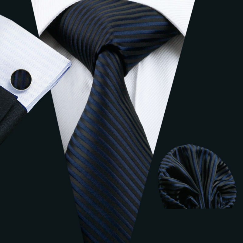 LS-877 Mens Tie Dark Striped 100% Silk Classic Jacquard Woven Barry.Wang Tie Hanky Cufflink Set For Men Formal Wedding Party
