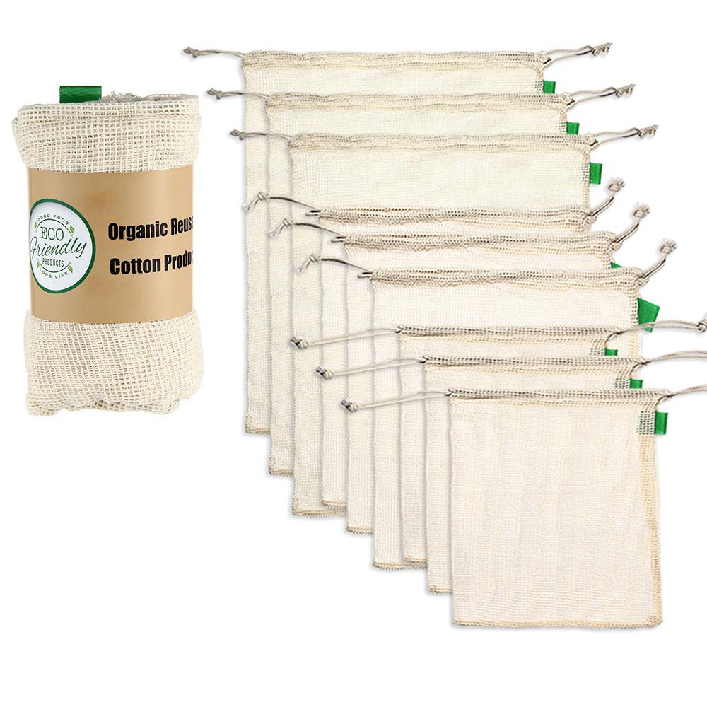 9pcs Set Premium Organic Cotton Mesh Produce Bags Reusable Washable Storage Drawstring Bag for Shopping Grocery Fruit Vegetable