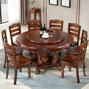 Solid wood dining table with turntable round dining table Chinese style large round table dining table and chair combination