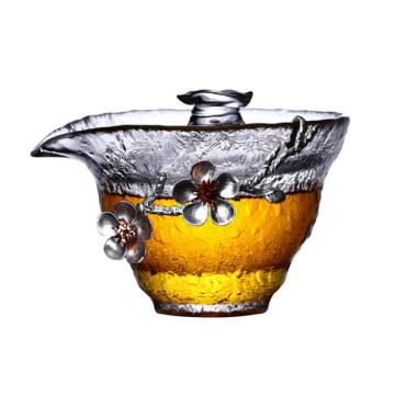 Glass Tea Bowl Silver Flower Decor Gaiwan 150ml Kung Fu Tea Set Master Cup Lid Kit Teaware Drinkware Holder Tea Tureen Crafts