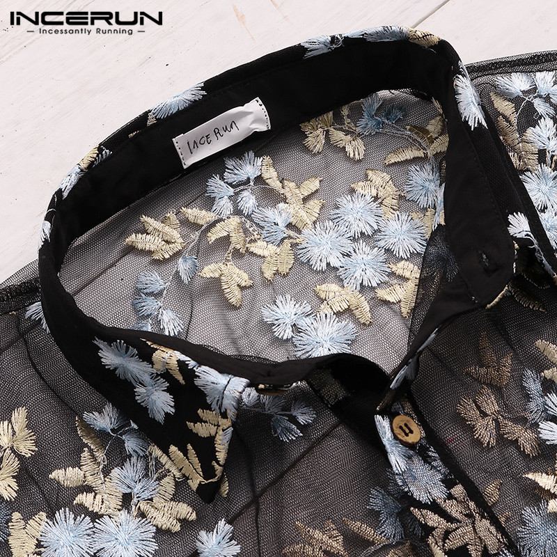 INCERUN Fashion Men's Shirt Short Sleeve Flower Embroidered Mesh Sexy Shirt Men See Through Slim Transparent Lace Shirt Tops