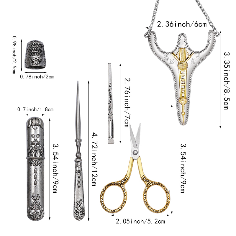 LMDZ 5Pcs/ Set Vintage Silver and Gold Antique Crafts Embroidery Sewing Scissors Gift Thimble Needle Case Awl Tailor's Scissors