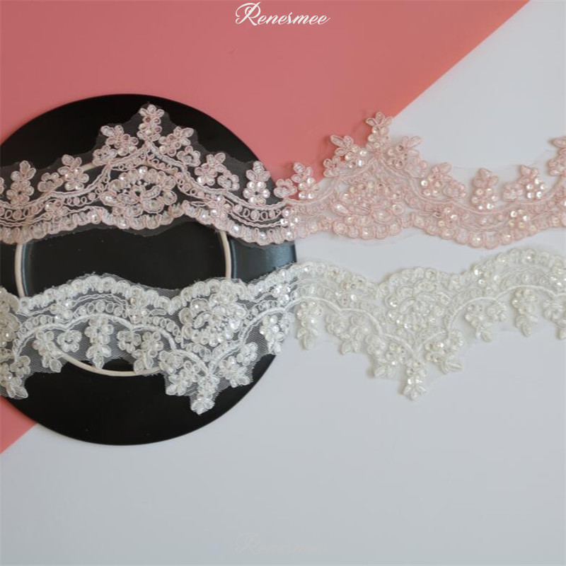 1Yd Warm Pink Ivory Silver Sequins Edge Polyester Embroidery Lace Trim for Bridal Wedding Gown Costume Design Lace Ribbon 8cm