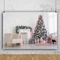 Christmas Backdrop Fireplace Light Tree Window Curtain White Wall Living Room Vinyl Photography Background For Photo Studio