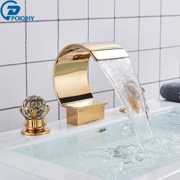 Golden Waterfall Basin Faucet Dual Cristal HandlGolden Wae Widespread Bathroom Sink Mixer Tap Deck Mounted Bathtub Mixers Crane