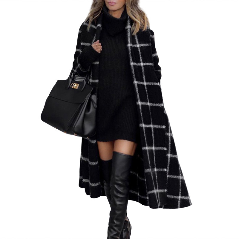 Women's Autumn Winter Lengthened Coat Black Wool Fashion Plaid Slim Jacket Blends Cashmere Overcoat Hooded Tweed Trench