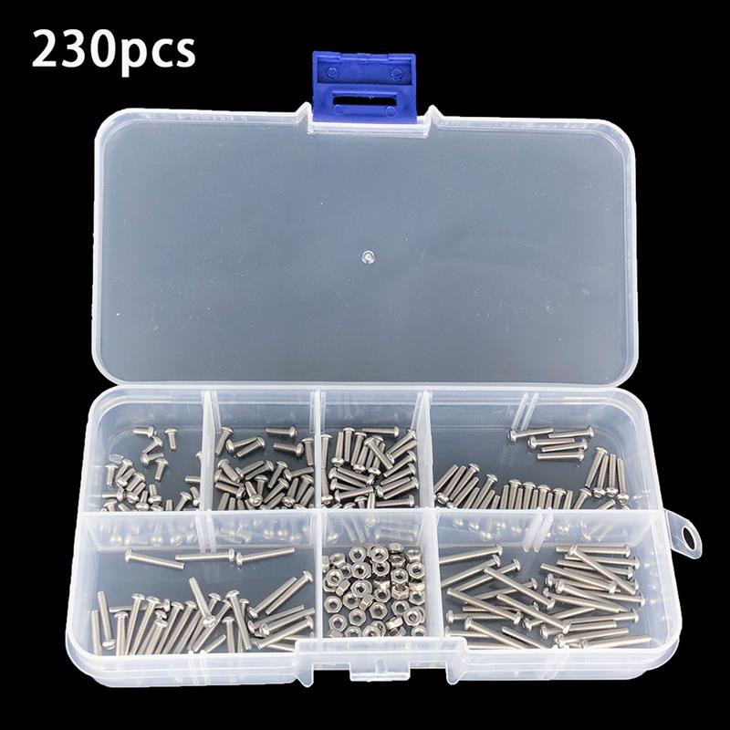 230pcs 304 Stainless Steel Hex Socket Button Head cap screw set Screws M2 Nuts Bolts Assortment Kit small screws Kit Storage Box