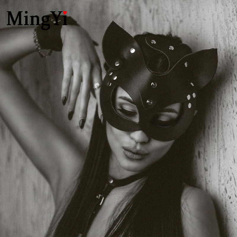 Black PU Leather Catwoman Mask Bdsm Fetish Sexy Erotic Rabbit Mask With Long Ears Women Halloween Masquerade Cosplay Party Masks