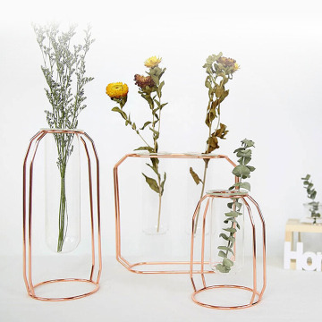 1Set Nordic Style Glass Iron Art Vase Rose Gold Geometric Shape Flowerpot Home Table Ornaments Wedding Decoration Accessories