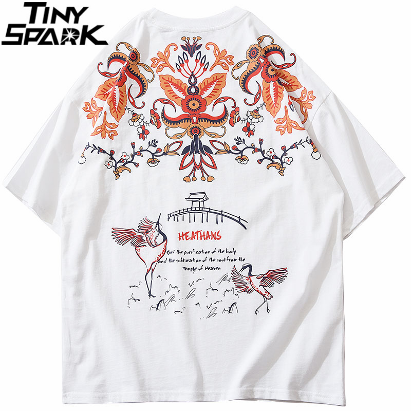 2021 Men Hip Hop Harajuku T-shirt Streetwear Letter Crane Flower Bridge Print T-shirt Cotton Casual Short Sleeve Tops Tees Black