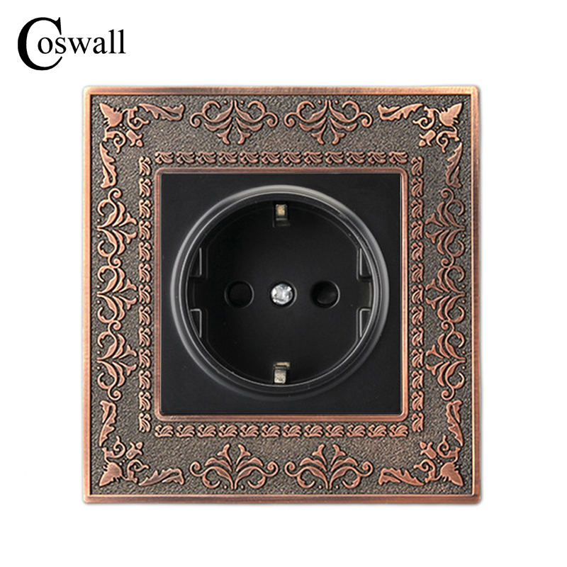 Coswall 16A Russia Spain EU Standard Power Socket 4D Embossing Retro Zinc Alloy Metal Panel Wall Electrical Outlet Black
