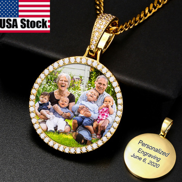 Round Medallions Custom Photo Pendant Necklace Men Hip Hop Jewelry Personalized Custom Name Engraved Pendant Zircon Chains Gift