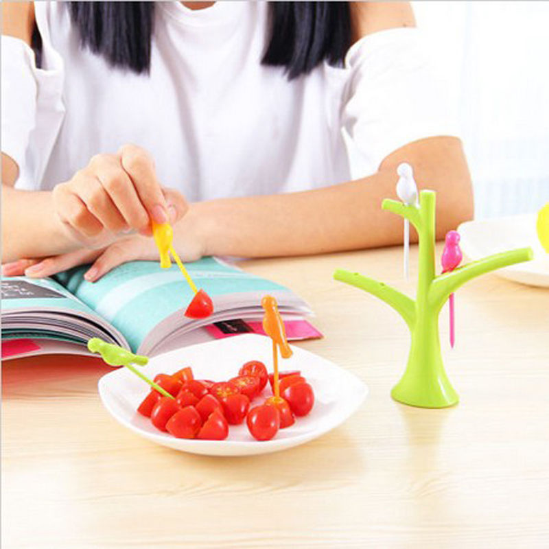 LINSBAYWU Easy Bird Fruit Snack Dessert Forks+ Tree Shape Holder For Party Home Decor Hall Free Shipping