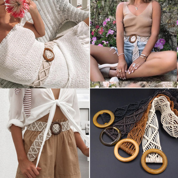 Boho Style Wax Rope Knitted Belt Round Wooden Buckle Handmade Braided Female Belt Casual Khaki Belts For Women Solid Waist Belt