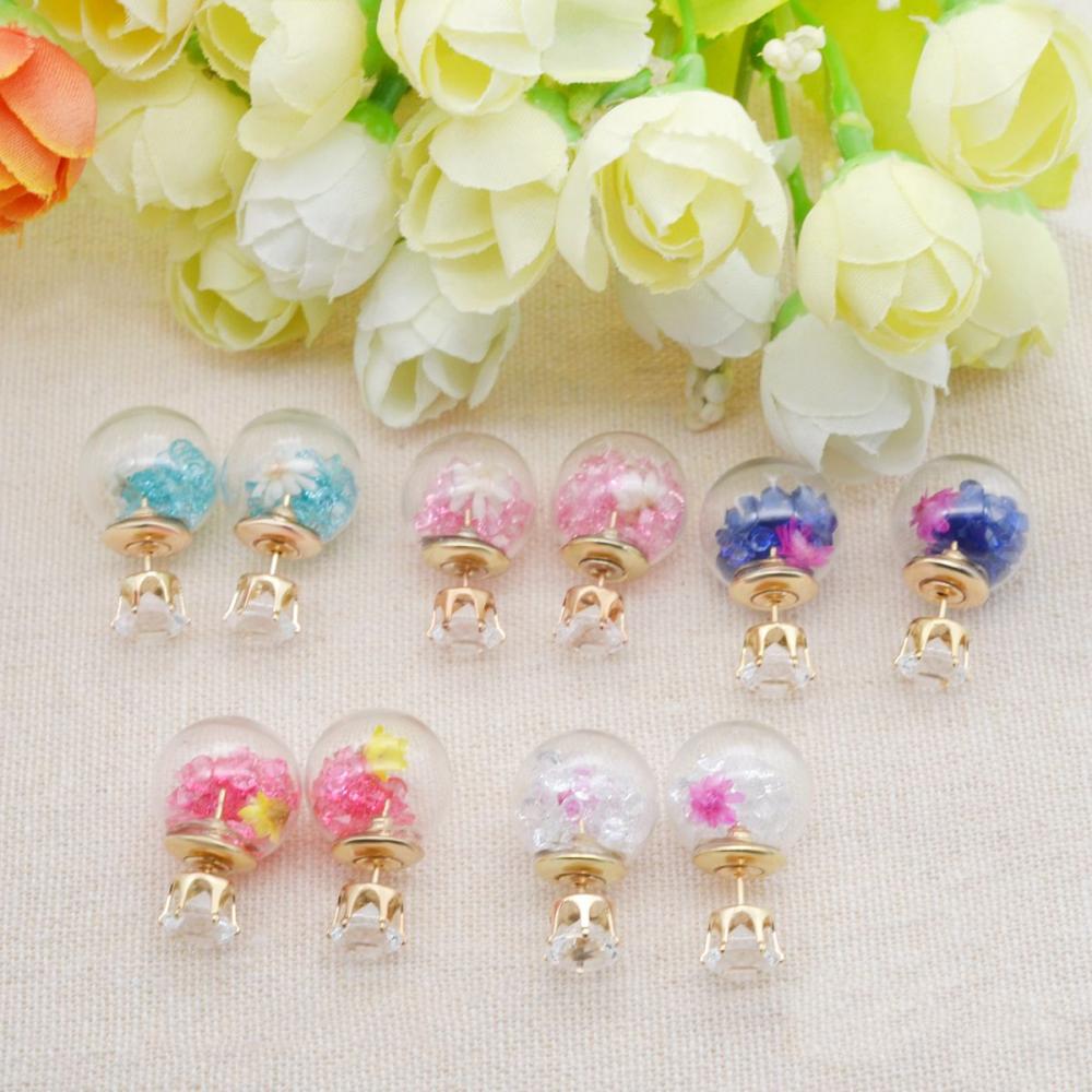 Gold Plated White Diamond Crystal Multicolor Drift sand Beads Glass Ball double-sided piercing Stud Post Earrings