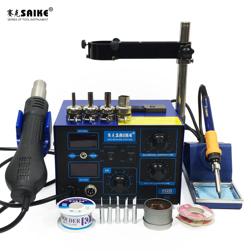 SAIKE 952D 2 in 1 SMD Rework Soldering Station Hot Air Gun Solder Iron Desoldering digital display nozzle Air gun handle