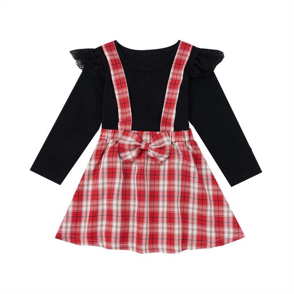 PatPat Mosaic Cotton Bowknot Christmas Plaid Dresses for Mommy and Me Plaid Black Party Tunic Matching Dresses Family Look Sets