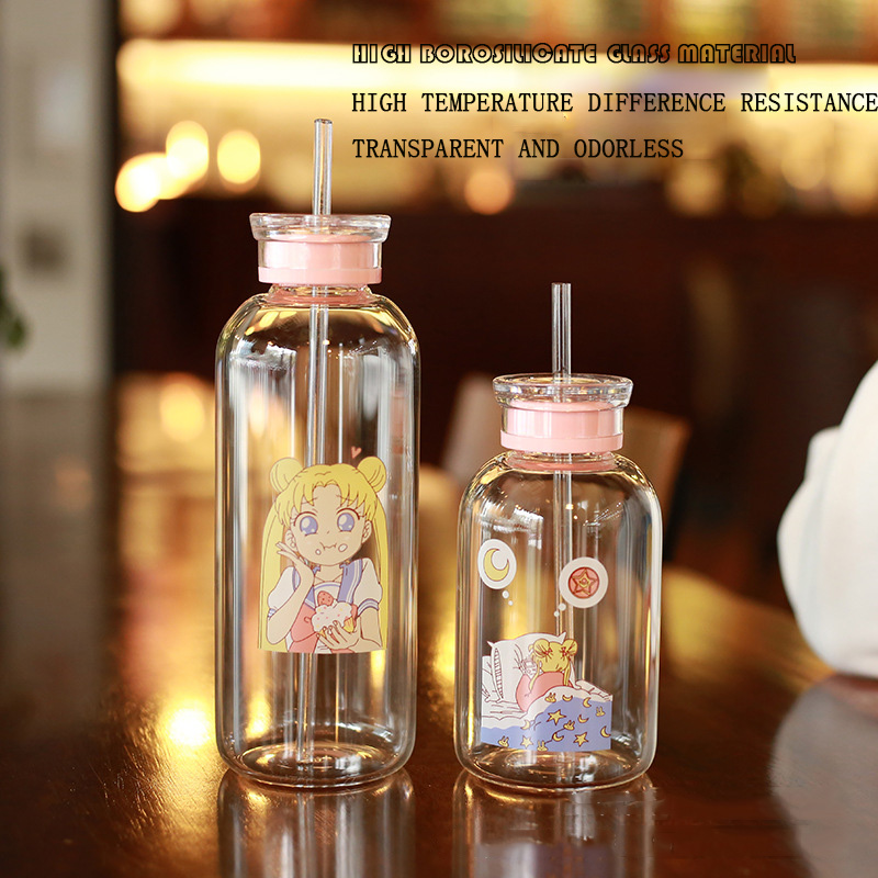 Creative small Cut cartoon beautiful girl water cup with straw cup bottle wholesale single-layer glass 450ml 700ml drinking sets