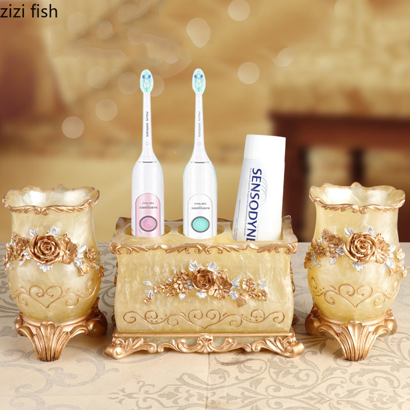 Retro Court Style Bathroom Accessories Lotion Bottle Toothbrush Holder Mouthwash Cup 5 Pcs/set Floral Texture Bath Supplies