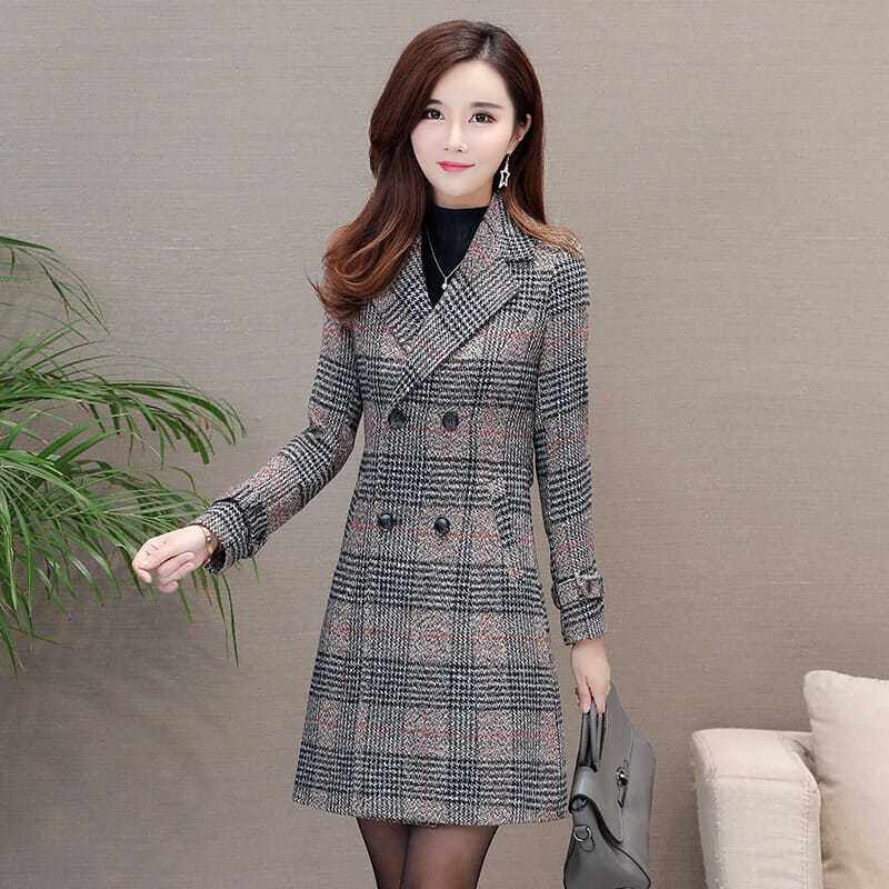 Winter Women Wool Blends Casual Jacket Plaid Trench Coat Elegant Slim Thick Outerwear Cardigan Female Cashmere Overcoat 2019 New