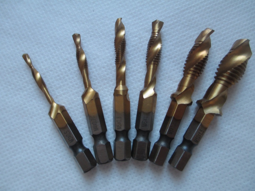 6pcs Titanium M2 Hex Shank HSS Screw Spiral Point Thread Metric Plug Hand Tap Drill Bits M3 M4 M5 M6 M8 M10 fit Metal Steel