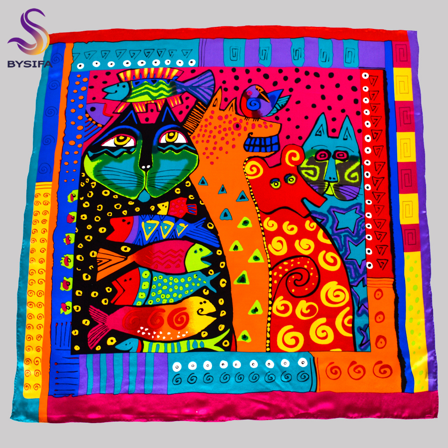 BYSIFA|Brand Colorful Pure Silk Women Square Scarves New Cat Fish Design Muslim Hijabs Fall Winter 100% Real Silk Scarf 90*90cm