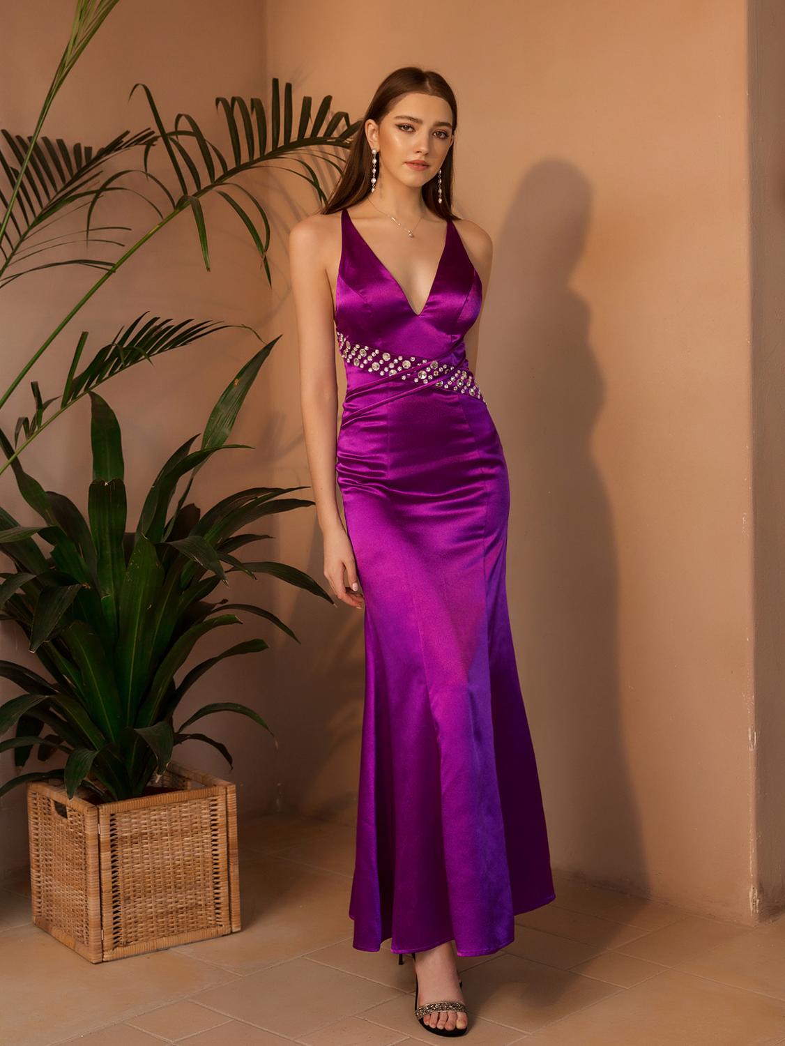 Angel-fashions Plunge V Neck Beading Backless A-line Satin Prom Dresses Purple 559